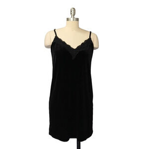 Vintage Black Velvet Slip Dress Size M 90s Y2K Cami Lace Whimsygoth Grunge